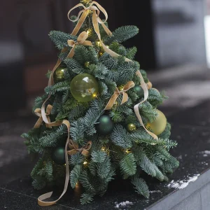 Елочка из нобилиса со стеклянными шарами и лентами